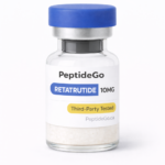 PeptideGo Retatrutide 5mg vial with blue cap, third-party tested research peptide, lyophilized powder, shipped from Hamilton Ontario.