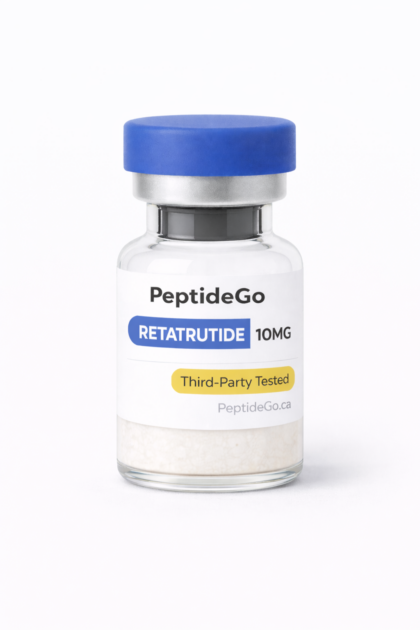 PeptideGo Retatrutide 5mg vial with blue cap, third-party tested research peptide, lyophilized powder, shipped from Hamilton Ontario.
