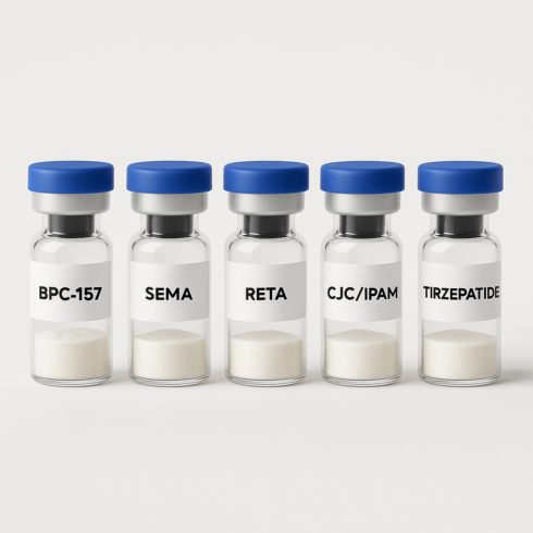 Image with 5 generic peptide vials. BPC-157 Semaglutide Retaturide CJC / Ipamorelin Trezapotide.